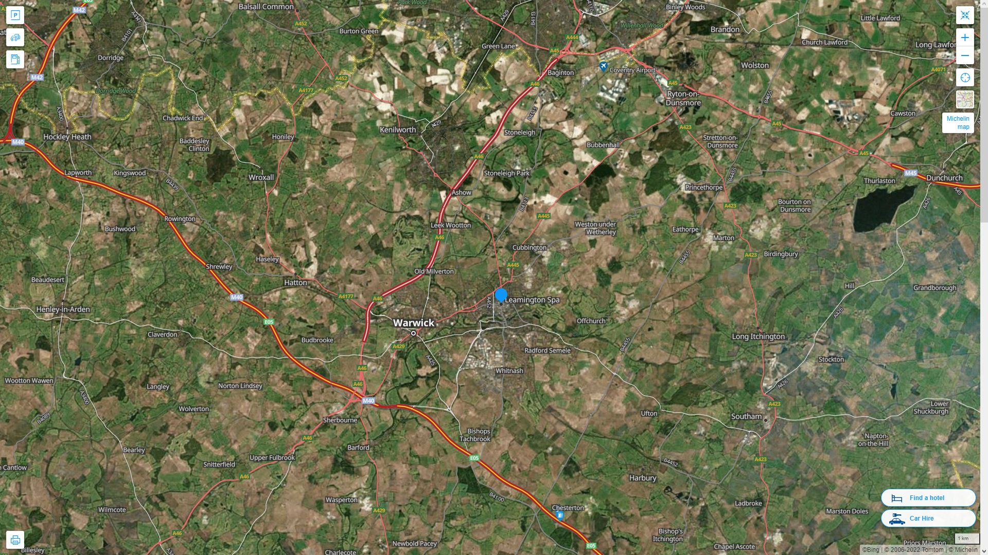 Royal Leamington Spa Royaume Uni Autoroute et carte routiere avec vue satellite
